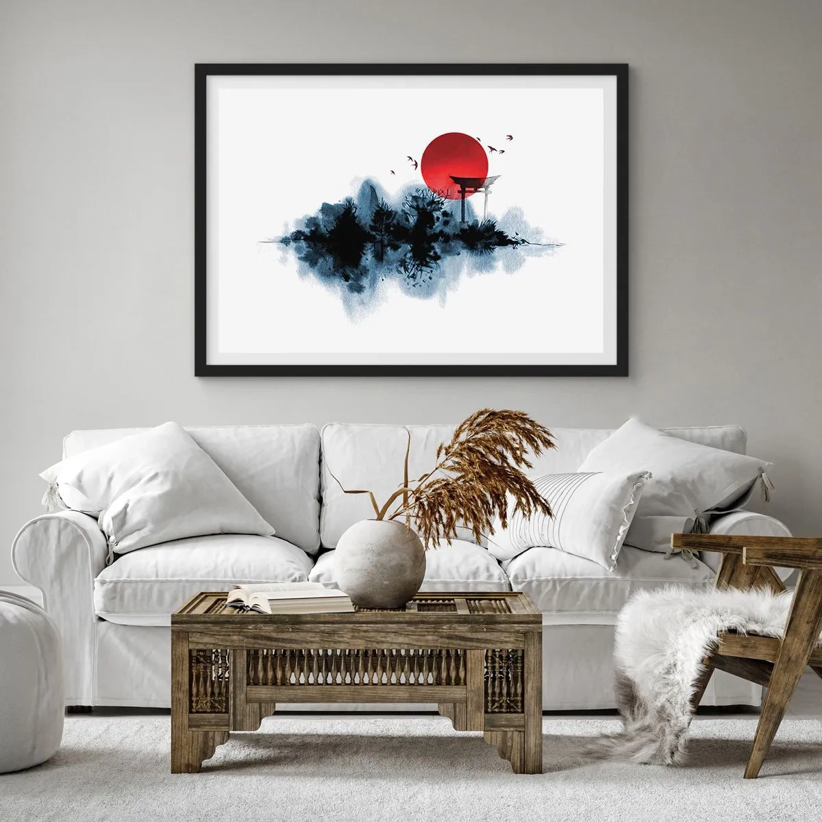 Póster en marco negro - Sol rojo sobre un paisaje pintoresco con torii - 70x50cm - Visión japonesa - Decoración de pared moderna para salón y dormitorio ARTTOR
