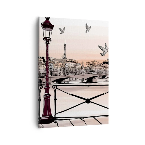 Cuadro sobre lienzo - Impresión de Imagen - Vista parisina con una linterna y un puente. - 50x70cm - Sobre los tejados de París - Decoración de pared moderna para salón y dormitorio ARTTOR