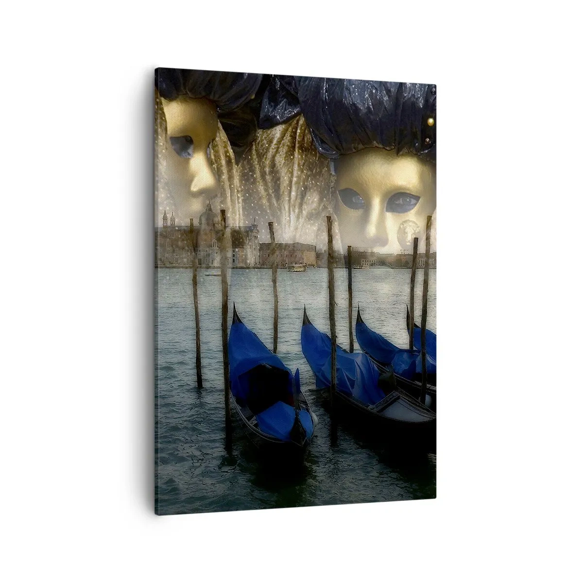 Cuadro sobre lienzo - Impresión de Imagen - Máscaras de carnaval veneciano y góndolas con la ciudad y el agua como telón de fondo. - 50x70cm - El tiempo de carnaval ha comenzado - Decoración de pared moderna para salón y dormitorio ARTTOR