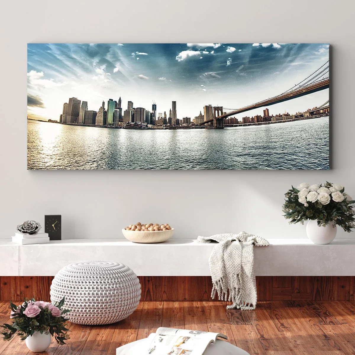Cuadro sobre lienzo - Impresión de Imagen - Panorama de la ciudad con un puente contra el cielo azul. - 120x50cm - Isla de cristal - Decoración de pared moderna para salón y dormitorio ARTTOR
