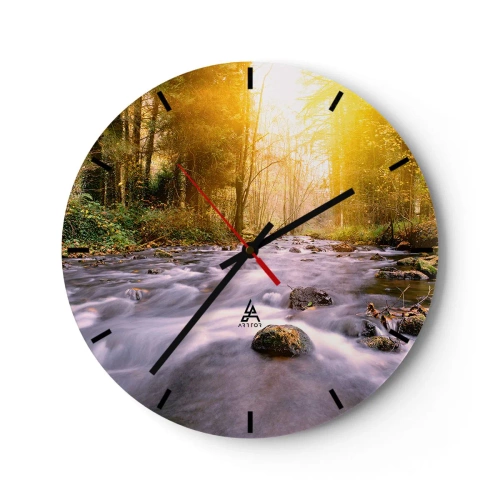 Reloj de pared - Reloj de vidrio - Un arroyo en el bosque iluminado por la luz dorada de la mañana. - 30x30cm - Malaquita en un marco de plata y oro - Decoración de pared moderna para salón, cocina y dormitorio ARTTOR