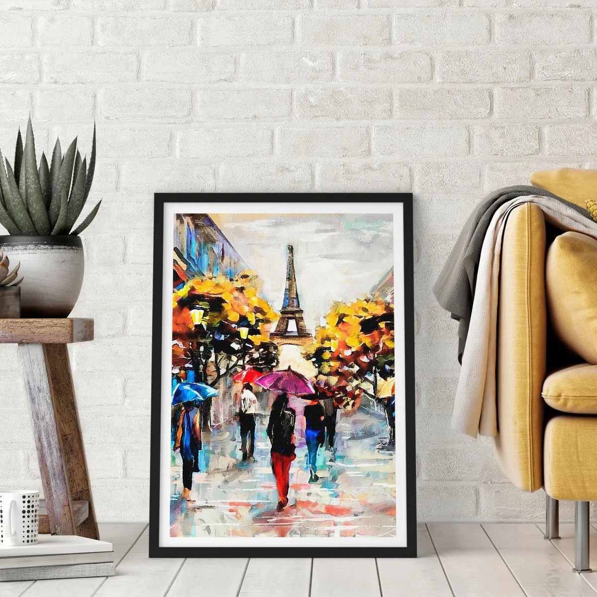 Póster en marco negro - La Torre Eiffel en un paisaje otoñal con sombrillas de colores. - 50x70cm - Especialmente hermoso en otoño - Decoración de pared moderna para salón y dormitorio ARTTOR