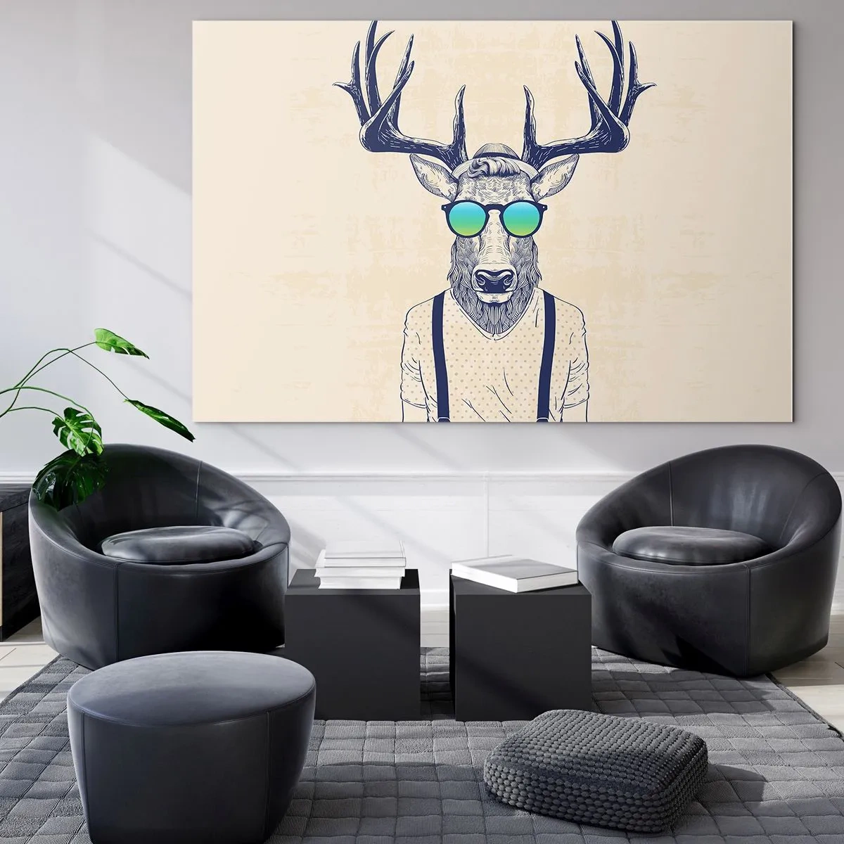Cuadro sobre vidrio - Impresiones sobre Vidrio - Un elegante ciervo con gafas de sol sobre un fondo claro. - 70x50cm - ¿Y a quién esperabas? - Decoración de pared moderna para salón y dormitorio ARTTOR