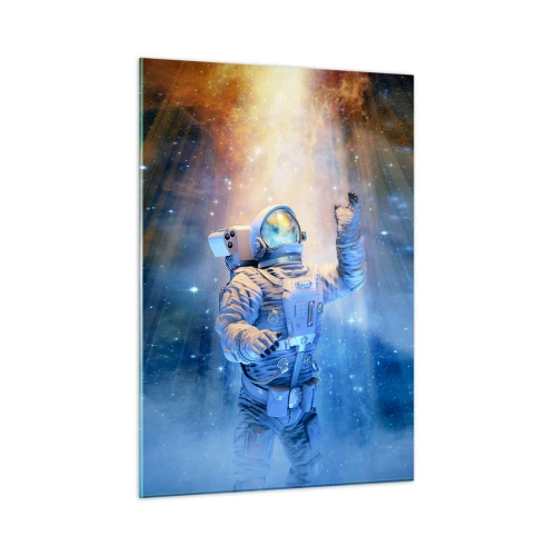 Cuadro sobre vidrio - Impresiones sobre Vidrio - Un astronauta en el espacio iluminado por rayos de luz. - 50x70cm - El descubrimiento - Decoración de pared moderna para salón y dormitorio ARTTOR