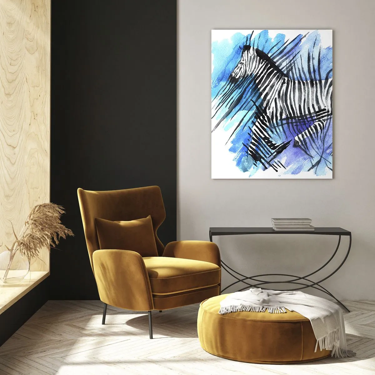 Cuadro sobre vidrio - Impresiones sobre Vidrio - Una cebra en una composición artística de acuarela sobre un fondo azul. - 50x70cm - Oculto en las rayas - Decoración de pared moderna para salón y dormitorio ARTTOR