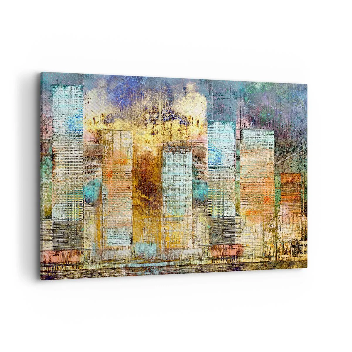 Cuadro sobre lienzo - Impresión de Imagen - Rascacielos abstractos de estilo industrial - 100x70cm - Metrópolis soleada - Decoración de pared moderna para salón y dormitorio ARTTOR