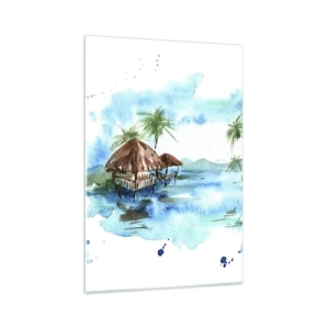 Cuadro sobre vidrio - Impresiones sobre Vidrio - Pintura de acuarela de un paisaje tropical con casas y palmeras. - 70x100cm - En algún lugar del Pacífico - Decoración de pared moderna para salón y dormitorio ARTTOR