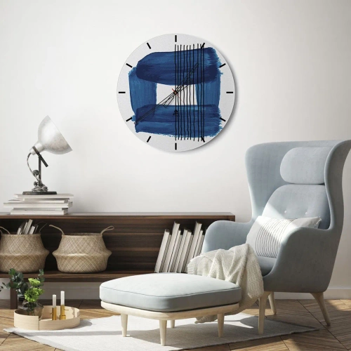 Reloj de pared - Reloj de vidrio - Motivo abstracto con pintura azul y líneas negras. - 30x30cm - Composición azul y negra - Decoración de pared moderna para salón, cocina y dormitorio ARTTOR