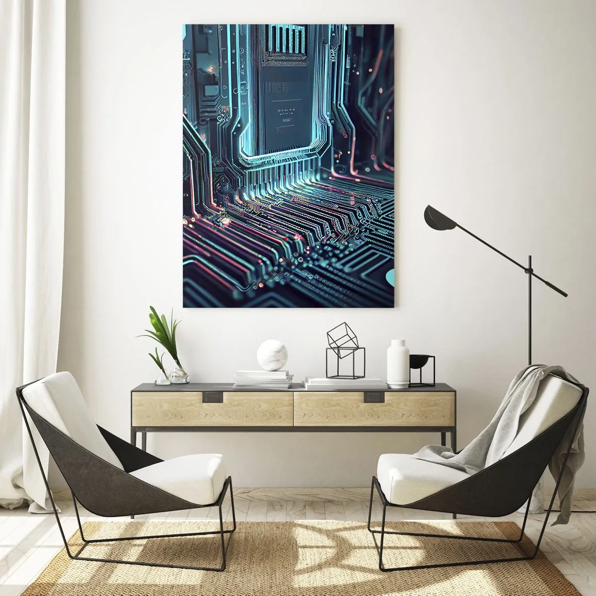 Cuadro sobre vidrio - Impresiones sobre Vidrio - Visualización de neón de las trazas del procesador sobre un fondo negro - 50x70cm - Mi forma de pensar - Decoración de pared moderna para salón y dormitorio ARTTOR