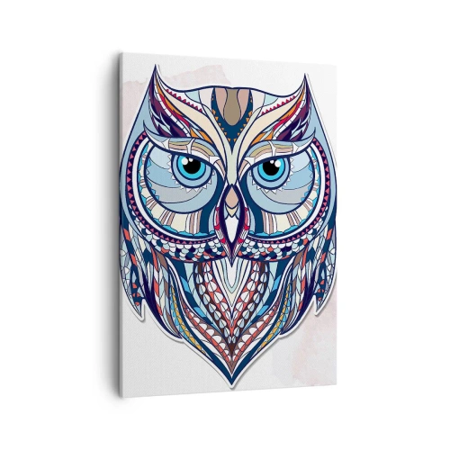 Cuadro sobre lienzo - Impresión de Imagen - Búho geométrico en tonos azules y beige. - 50x70cm - Búho adornado con arte - Decoración de pared moderna para salón y dormitorio ARTTOR