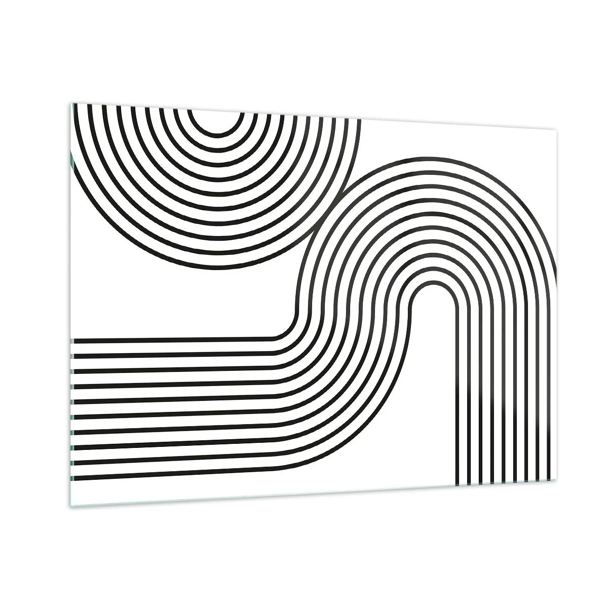Cuadro sobre vidrio - Impresiones sobre Vidrio - Gráficos en blanco y negro con líneas paralelas curvas. - 100x70cm - En una curva - Decoración de pared moderna para salón y dormitorio ARTTOR