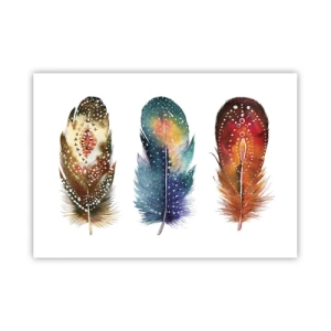 Póster - Tres plumas de colores con patrones artísticos sobre un fondo claro. - 100x70cm - Rituales, ceremonias, secretos - Decoración de pared moderna para salón y dormitorio ARTTOR