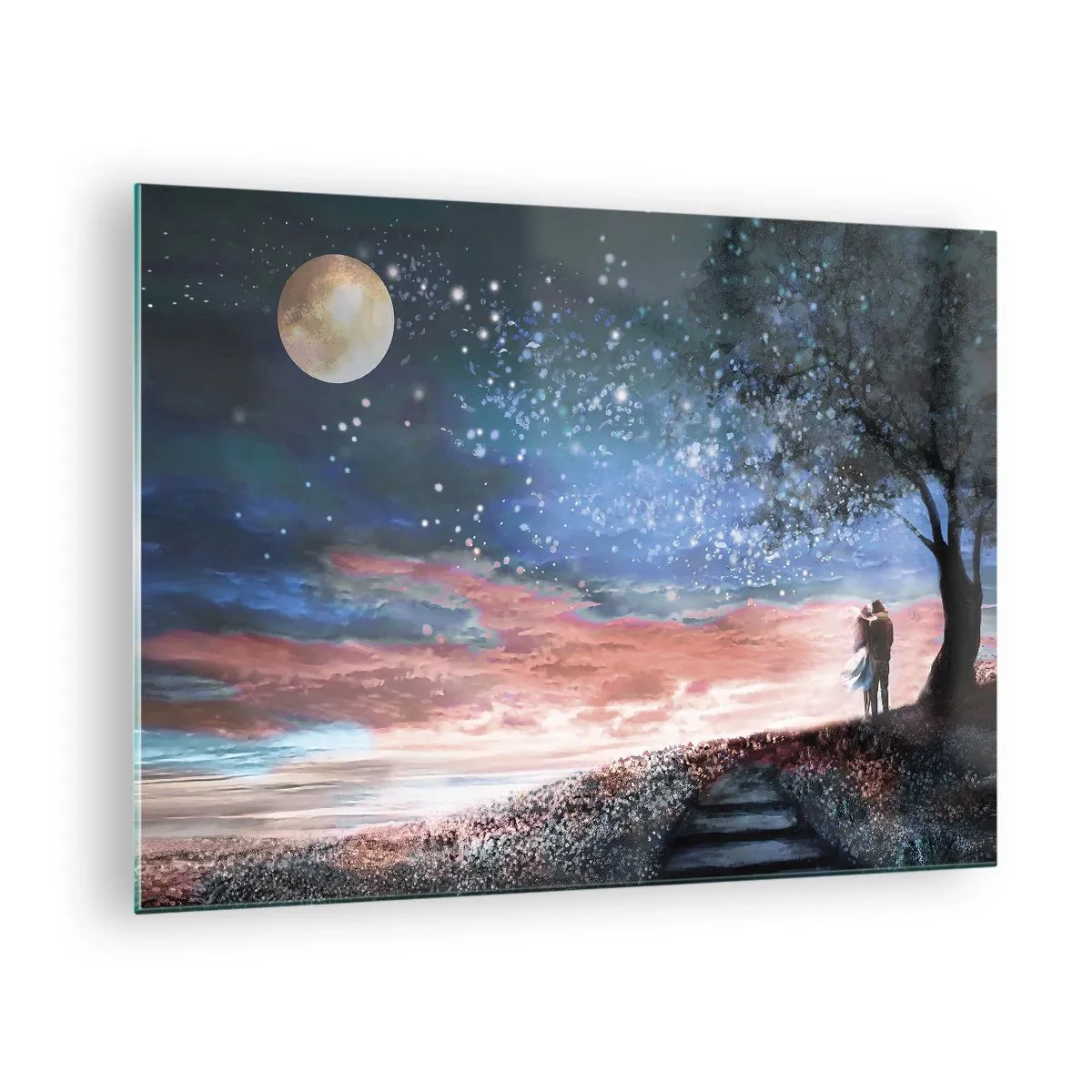 Cuadro sobre vidrio - Impresiones sobre Vidrio - Una pareja de enamorados bajo un árbol con la luna y las estrellas. - 70x50cm - Un espectáculo estelar - Decoración de pared moderna para salón y dormitorio ARTTOR