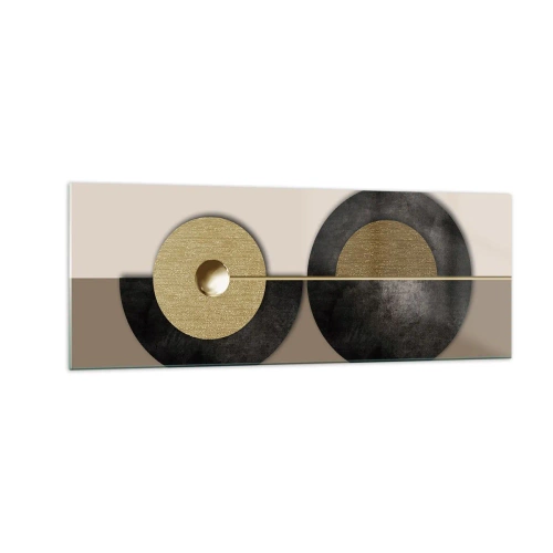 Cuadro sobre vidrio - Impresiones sobre Vidrio - Círculos abstractos en tonos dorados y marrones. - 140x50cm - Variaciones en torno a un círculo - Decoración de pared moderna para salón y dormitorio ARTTOR