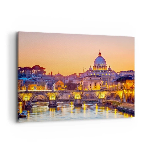 Cuadro sobre lienzo - Impresión de Imagen - Panorama del Vaticano al atardecer con un puente sobre el río - 120x80cm - Crepúsculo sobre la Ciudad Eterna - Decoración de pared moderna para salón y dormitorio ARTTOR