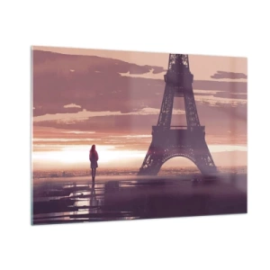 Cuadro sobre vidrio - Impresiones sobre Vidrio - La Torre Eiffel al atardecer con la silueta de una persona. - 100x70cm - Sólo ellas dos - Decoración de pared moderna para salón y dormitorio ARTTOR