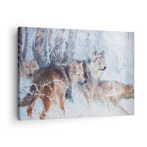 Cuadro sobre lienzo - Impresión de Imagen - Lobos en un bosque invernal con un fondo nevado - 70x50cm - ¡Cuidado! Aquí viene... - Decoración de pared moderna para salón y dormitorio ARTTOR