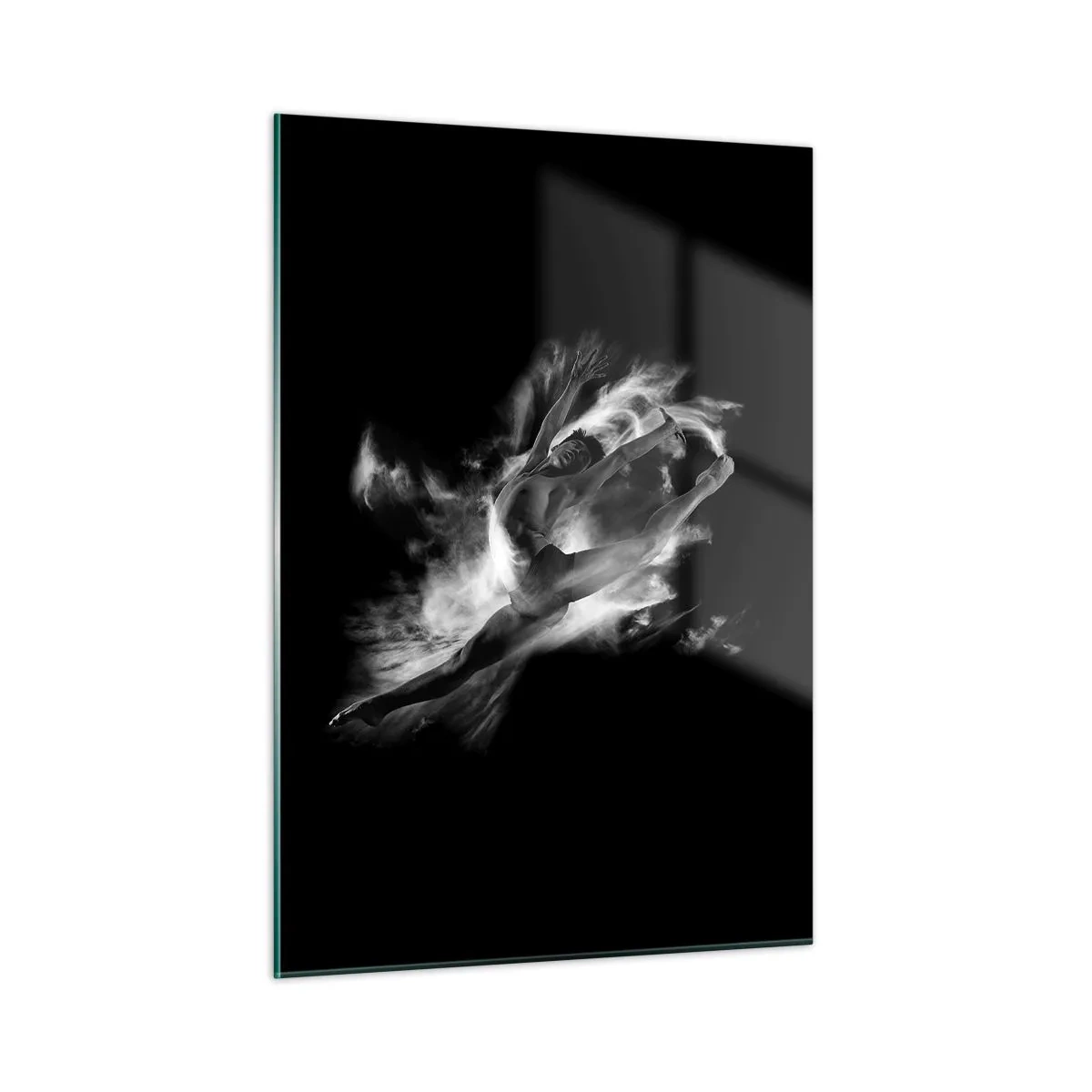Cuadro sobre vidrio - Impresiones sobre Vidrio - Silueta en blanco y negro de una bailarina en movimiento dinámico. - 50x70cm - El arte del vuelo - Decoración de pared moderna para salón y dormitorio ARTTOR