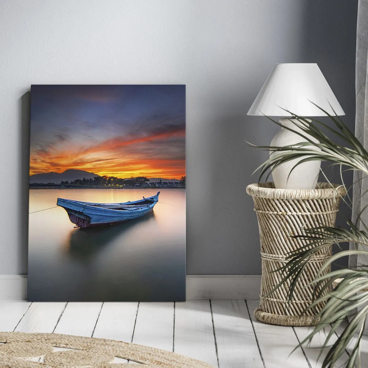Cuadro sobre lienzo - Impresión de Imagen - Un barco en el agua durante una pintoresca puesta de sol. - 70x100cm - Se avecina una buena noche - Decoración de pared moderna para salón y dormitorio ARTTOR