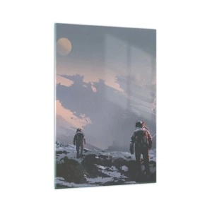 Cuadro sobre vidrio - Impresiones sobre Vidrio - Astronautas en un planeta alienígena con una nave espacial destrozada - 70x100cm - Bajo una estrella desconocida - Decoración de pared moderna para salón y dormitorio ARTTOR