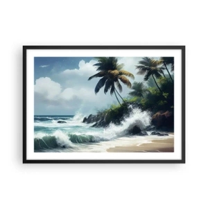 Póster en marco negro - Costa tropical con palmeras y mar agitado. - 70x50cm - En una costa tropical - Decoración de pared moderna para salón y dormitorio ARTTOR