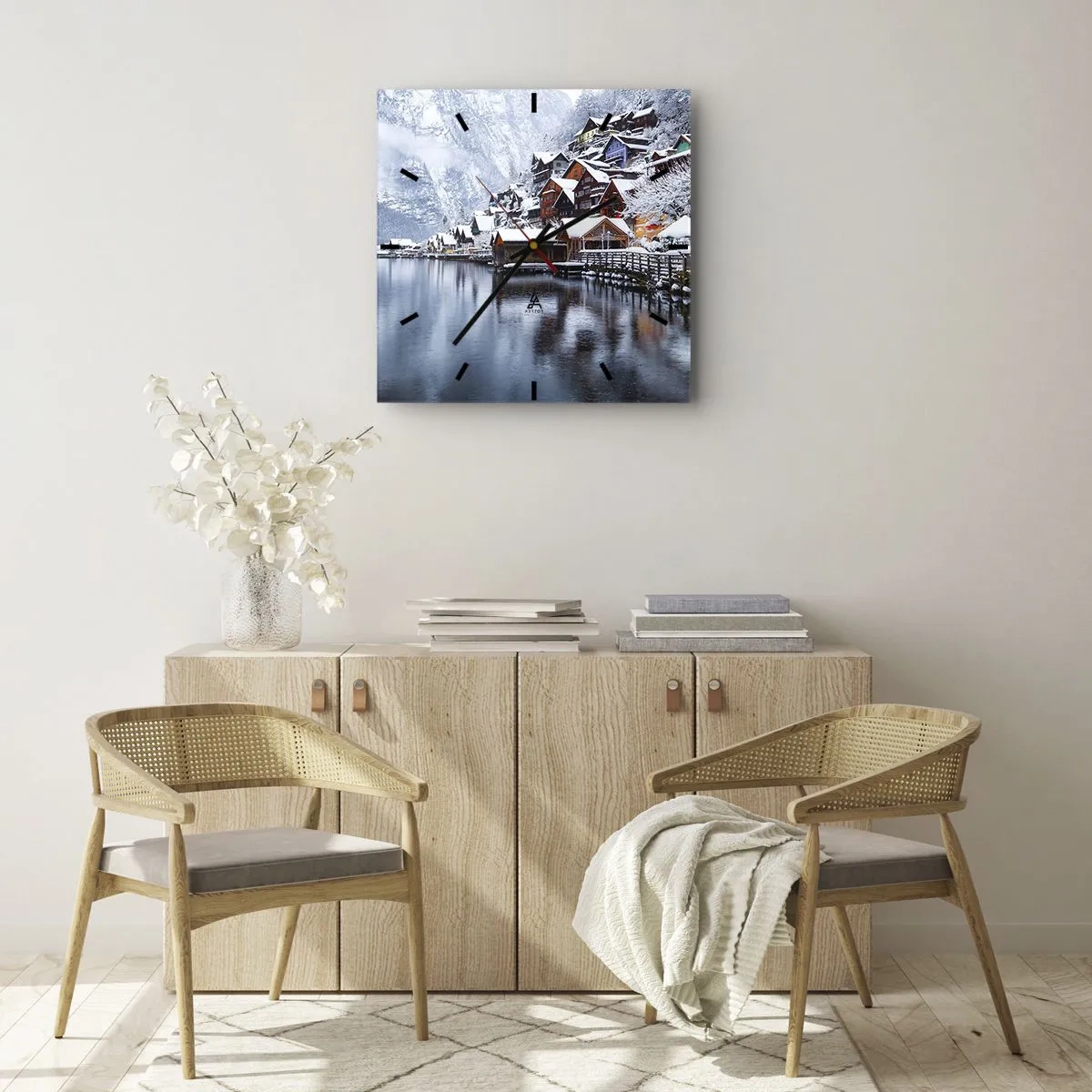 Reloj de pared - Reloj de vidrio - En un decorado de invierno - 40x40 cm
