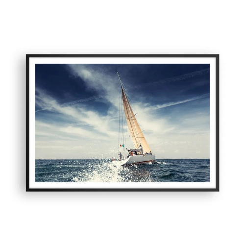 Póster en marco negro - Un velero en un mar tempestuoso bajo un cielo azul. - 100x70cm - ¡No nos alcanzarán! - Decoración de pared moderna para salón y dormitorio ARTTOR