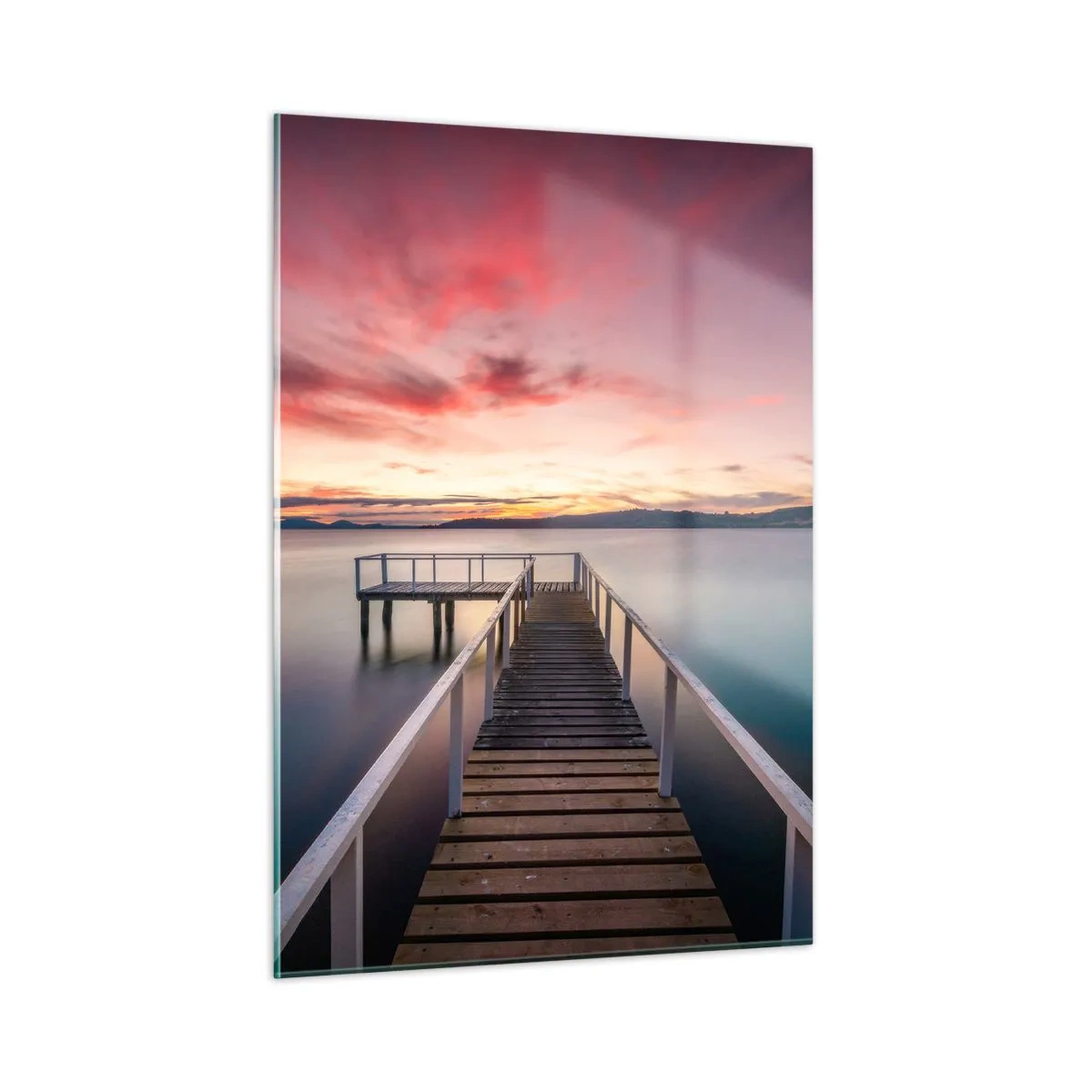 Cuadro sobre vidrio - Impresiones sobre Vidrio - Muelle junto al lago al atardecer con un cielo rosado - 50x70cm - La suave llama del atardecer - Decoración de pared moderna para salón y dormitorio ARTTOR