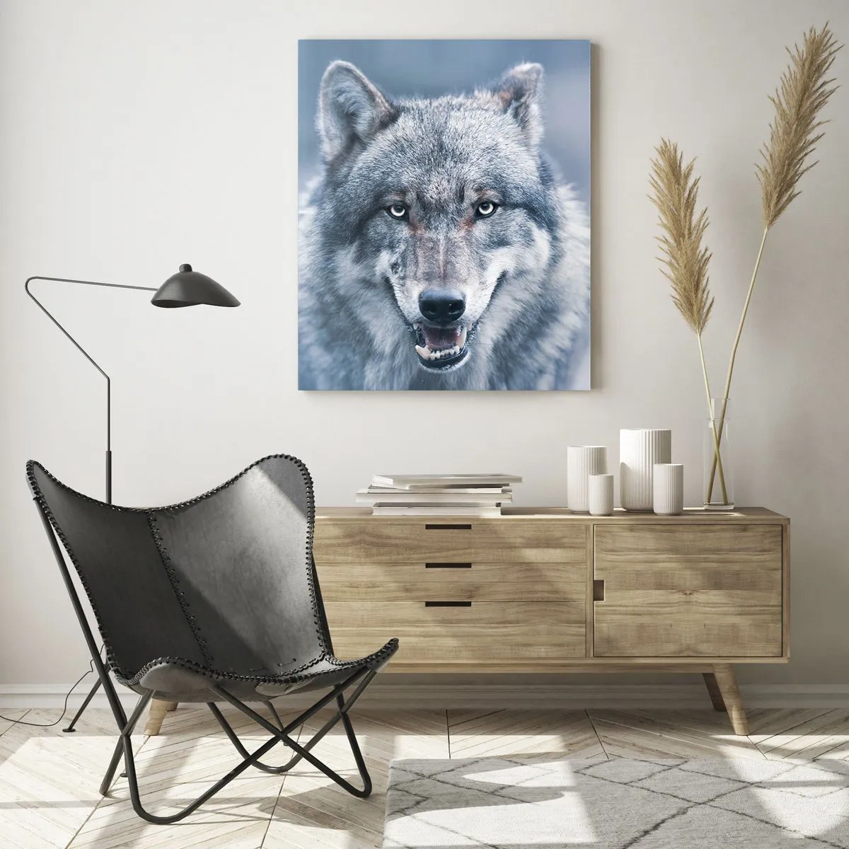 Cuadro sobre vidrio - Impresiones sobre Vidrio - Un lobo con una mirada intensa en un paisaje invernal. - 70x100cm - ¿Aceptarás el reto? - Decoración de pared moderna para salón y dormitorio ARTTOR