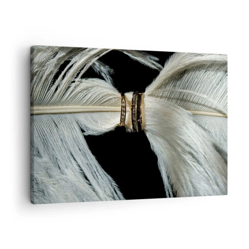 Cuadro sobre lienzo - Impresión de Imagen - Una pluma blanca con dos anillos dorados sobre un fondo negro. - 70x50cm - ...y no te dejaré.... - Decoración de pared moderna para salón y dormitorio ARTTOR
