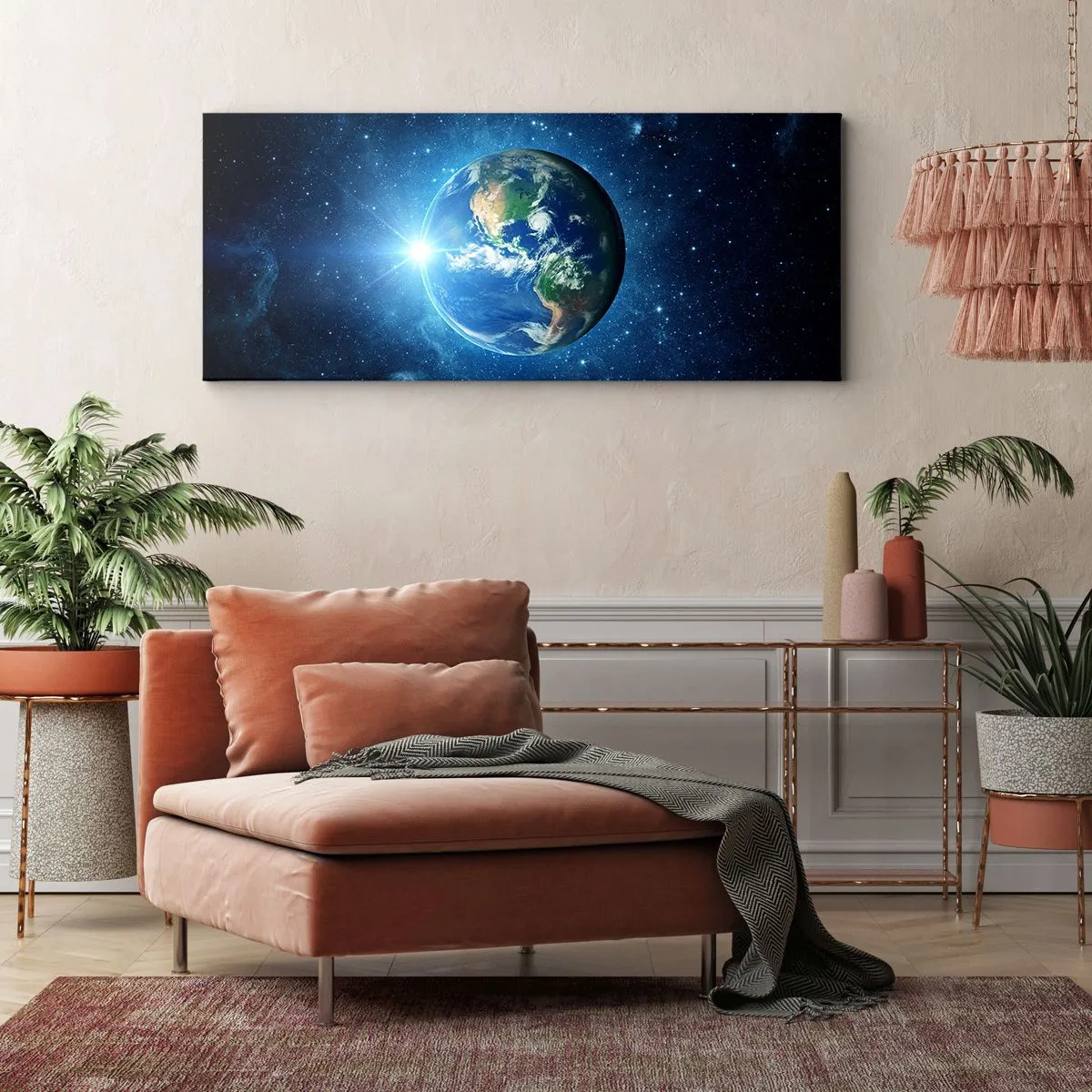 Cuadro sobre lienzo - Impresión de Imagen - La Tierra en el espacio rodeada de estrellas y luz. - 160x50cm - Estamos en el cielo - Decoración de pared moderna para salón y dormitorio ARTTOR