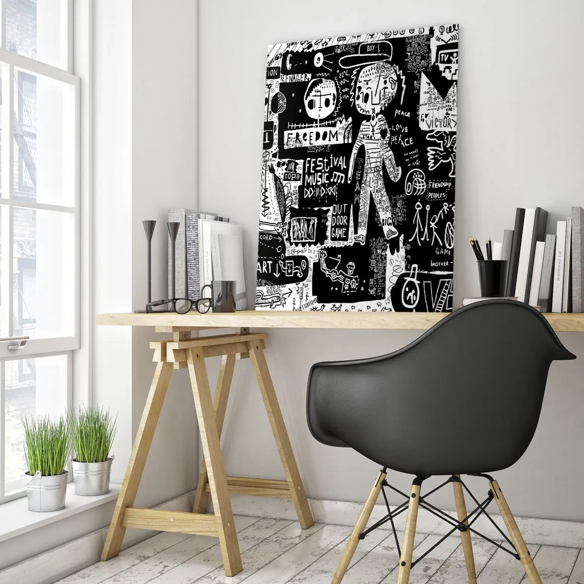 Cuadro sobre vidrio - Impresiones sobre Vidrio - Gráficos de estilo arte callejero en blanco y negro con personajes y símbolos. - 50x70cm - La juventud espiritual de la ley y la alegría - Decoración de pared moderna para salón y dormitorio ARTTOR
