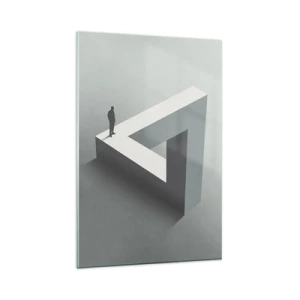 Cuadro sobre vidrio - Impresiones sobre Vidrio - Una figura parada sobre un triángulo de Penrose en tonos de gris. - 80x120cm - Y, sin embargo, es posible - Decoración de pared moderna para salón y dormitorio ARTTOR