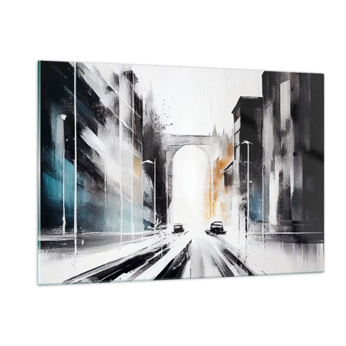 Cuadro sobre vidrio - Impresiones sobre Vidrio - Una calle urbana dinámica con coches y un arco al fondo en estilo pictórico. - 120x80cm - Estudio de la ciudad: arquitectura y movimiento - Decoración de pared moderna para salón y dormitorio ARTTOR