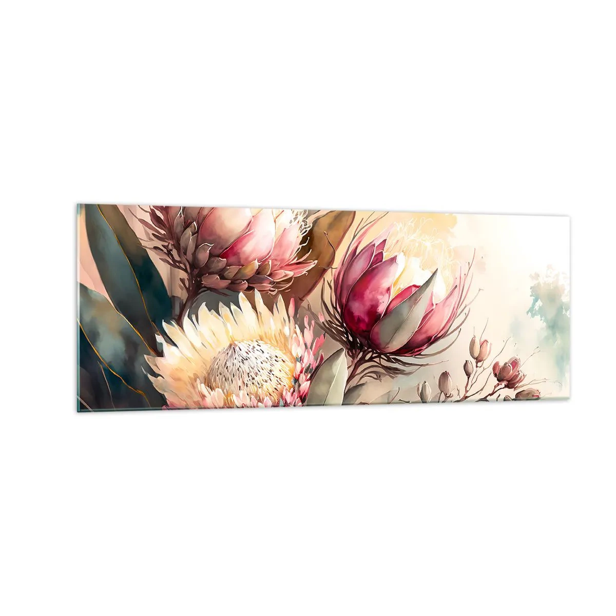 Cuadro sobre vidrio - Impresiones sobre Vidrio - Flores de protea en delicados tonos pastel. - 140x50cm - De perfil y de frente - Decoración de pared moderna para salón y dormitorio ARTTOR