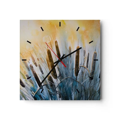 Reloj de pared - Reloj de vidrio - Cañas pintorescas bajo los rayos del sol - 30x30cm - El frío del agua, el calor del sol - Decoración de pared moderna para salón y dormitorio ARTTOR
