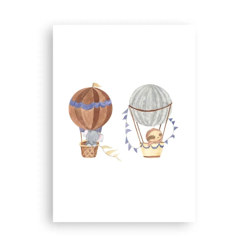 Póster - Lindos animales en globos sobre un fondo blanco en estilo acuarela. - 50x70cm - Amigos de viaje - Decoración de pared moderna para salón y dormitorio ARTTOR