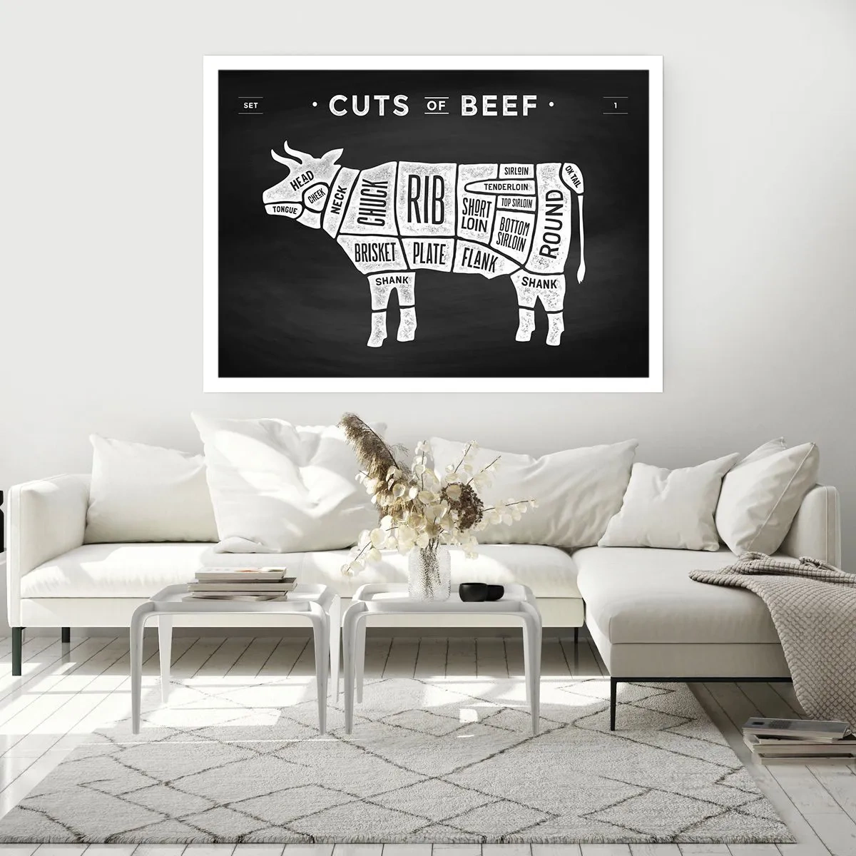 Póster - Diagrama de cortes de carne de res sobre un fondo negro - 100x70cm - Manual del carnicero - Decoración de pared moderna para salón y dormitorio ARTTOR