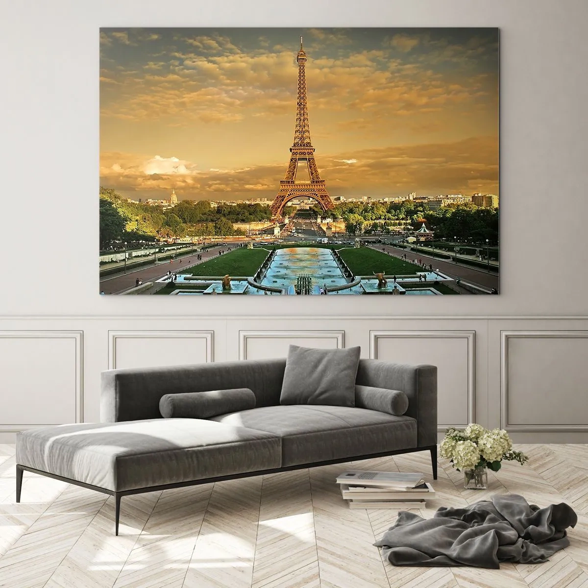 Cuadro sobre vidrio - Impresiones sobre Vidrio - La Torre Eiffel rodeada de jardines parisinos al atardecer - 70x50cm - Reina de París - Decoración de pared moderna para salón y dormitorio ARTTOR