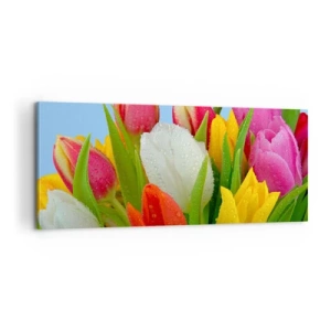 Cuadro sobre lienzo - Impresión de Imagen - Arco iris floral en gotas de rocío - 100x40 cm