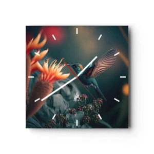 Reloj de pared - Reloj de vidrio - Un colibrí colorido junto a las flores contra un fondo natural. - 30x30cm - Una vida verdaderamente colorida - Decoración de pared moderna para salón y dormitorio ARTTOR