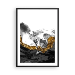 Póster en marco negro - Composición abstracta de negro, blanco y dorado. - 50x70cm - Composición orgánica - Decoración de pared moderna para salón y dormitorio ARTTOR