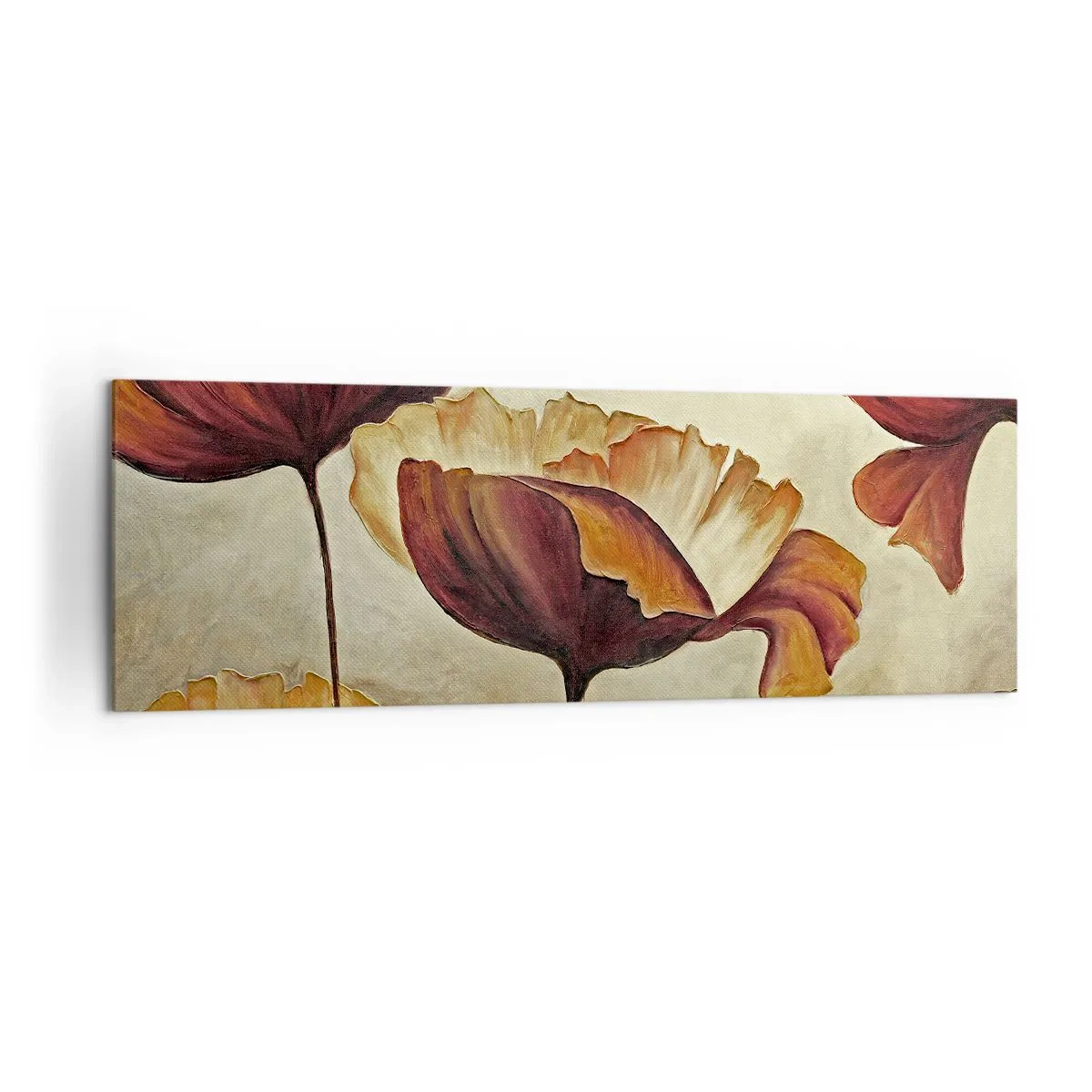 Cuadro sobre lienzo - Impresión de Imagen - Flores sutiles en tonos rojos y dorados sobre un fondo claro. - 160x50cm - Prado de prados - Decoración de pared moderna para salón y dormitorio ARTTOR