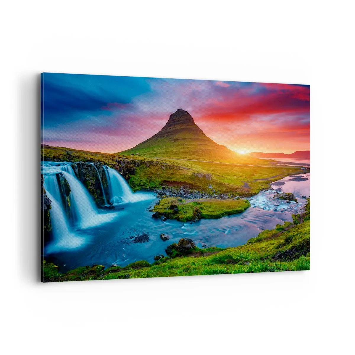 Cuadro sobre lienzo - Impresión de Imagen - Cascada pintoresca y montaña al atardecer - 100x70cm - Islandia - fuego y agua - Decoración de pared moderna para salón y dormitorio ARTTOR