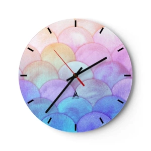 Reloj de pared - Reloj de vidrio - Escamas pastel semicirculares en tonos rosa, morado y azul. - 30x30cm - Concha de perla - Decoración de pared moderna para salón, cocina y dormitorio ARTTOR