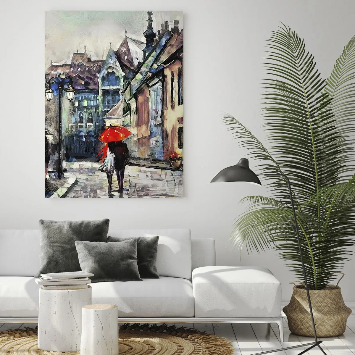 Cuadro sobre vidrio - Impresiones sobre Vidrio - Una pareja bajo un paraguas rojo paseando por una calle pintoresca. - 50x70cm - Lluvia para dos - Decoración de pared moderna para salón y dormitorio ARTTOR