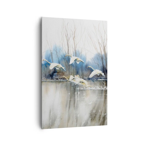 Cuadro sobre lienzo - Impresión de Imagen - Cisnes en vuelo sobre un lago congelado en un paisaje invernal - 80x120cm - Como en un cuento de cisnes salvajes - Decoración de pared moderna para salón y dormitorio ARTTOR
