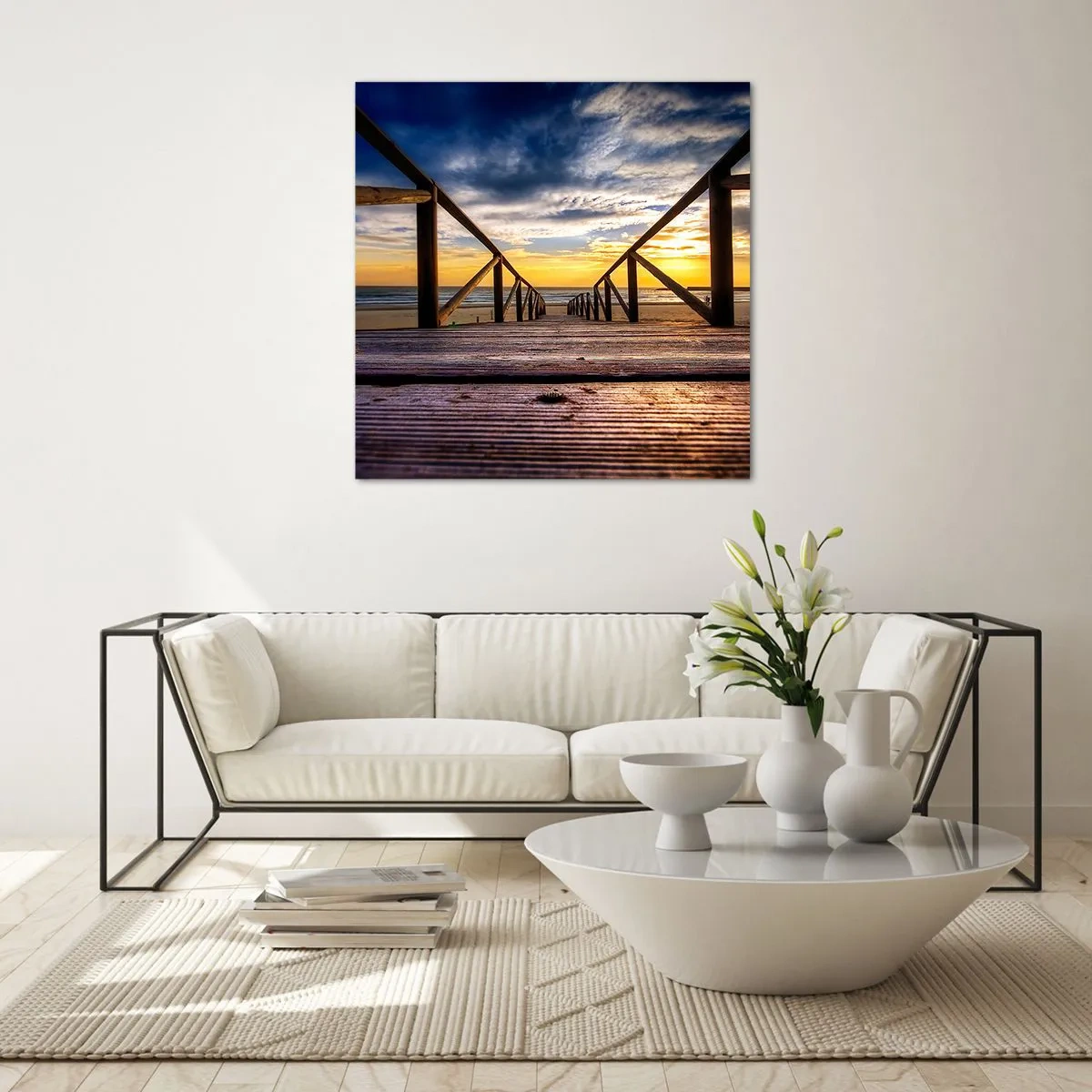 Cuadro sobre vidrio - Impresiones sobre Vidrio - Directamente hacia una playa tranquila al atardecer - 40x40 cm