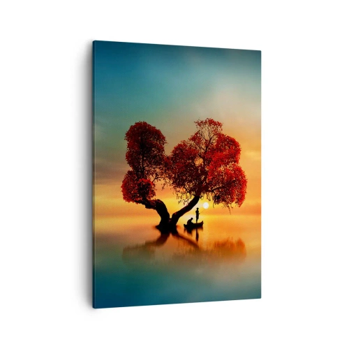 Cuadro sobre lienzo - Impresión de Imagen - Un árbol de hojas rojas y un barco en el agua al atardecer. - 50x70cm - La lejanía y el silencio del mundo - Decoración de pared moderna para salón y dormitorio ARTTOR
