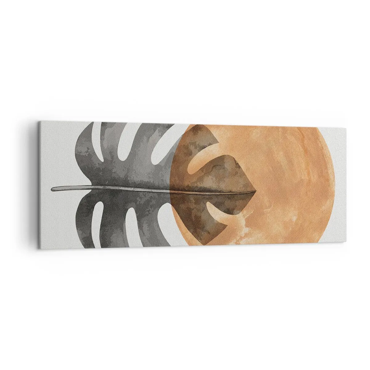 Cuadro sobre lienzo - Impresión de Imagen - Hoja de monstera y círculo dorado sobre un fondo claro - 140x50cm - Siempre el sol - Decoración de pared moderna para salón y dormitorio ARTTOR